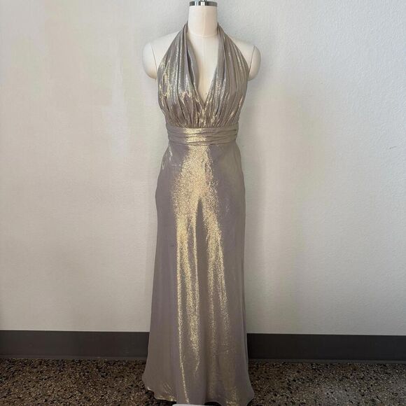 David Meister Gown Sz 4 Or Small 100% Silk Dress Gold Metallic Evening  Wedding - Picture 1 of 9